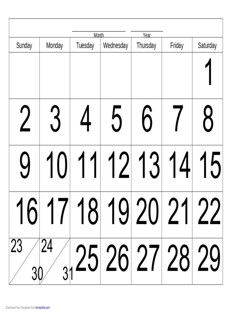 Handwriting Calendar - 31 Day - Saturday