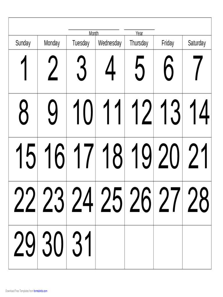 Handwriting Calendar - 31 Day - Sunday