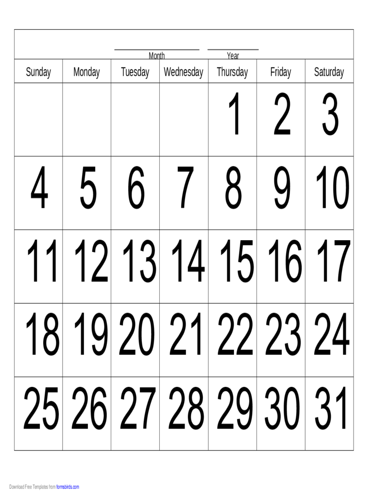 Handwriting Calendar - 31 Day - Thursday