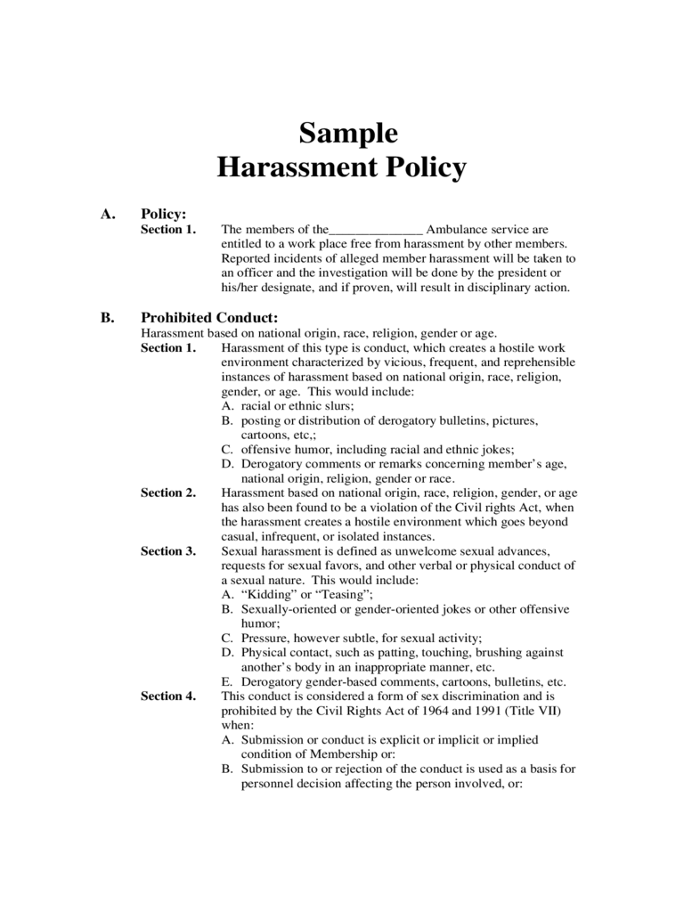 Harassment Policy Sample