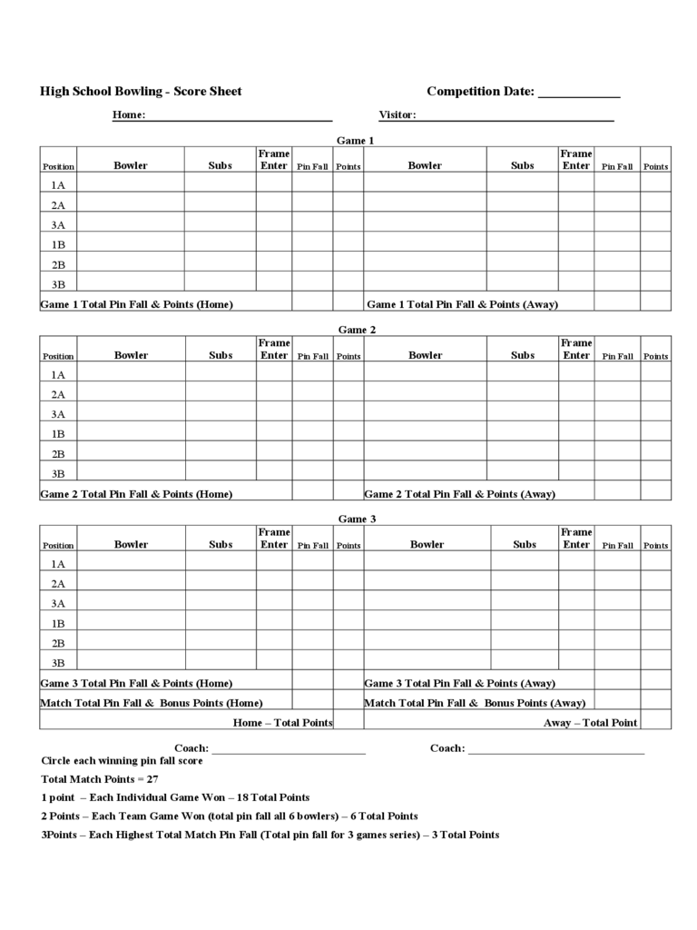 High School Bowling Score Sheet