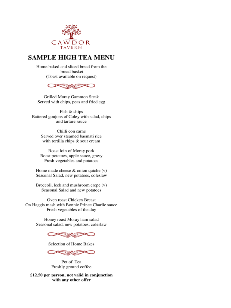 High Tea Menu Sample