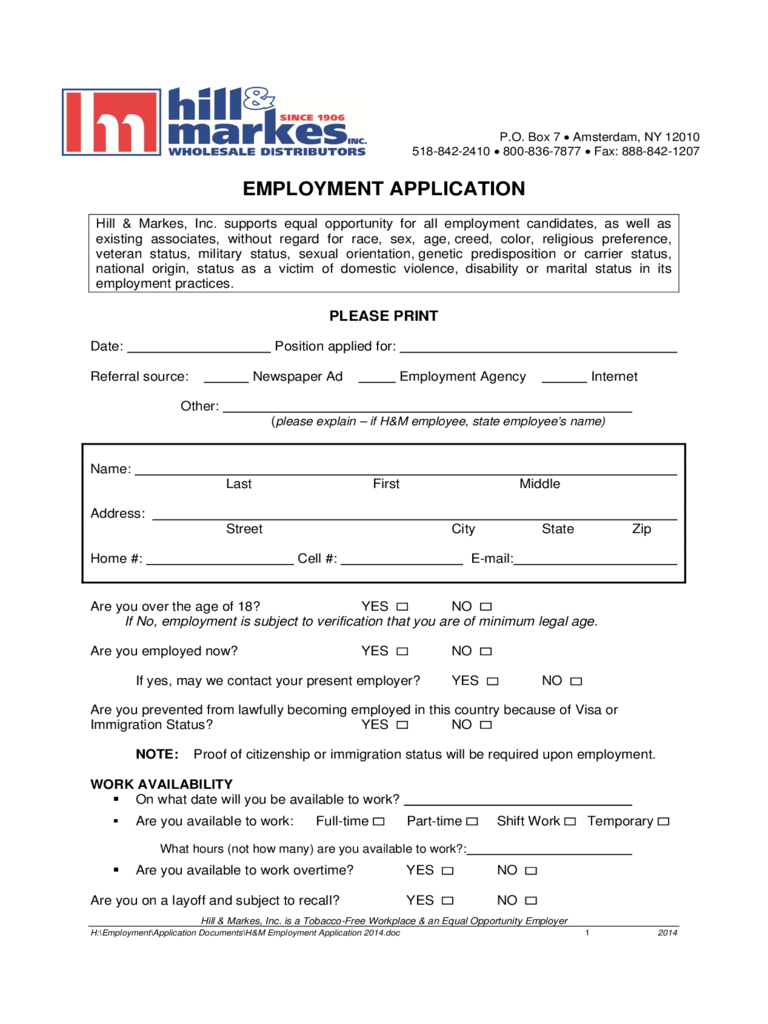 Hill & Markes Employment Application Form