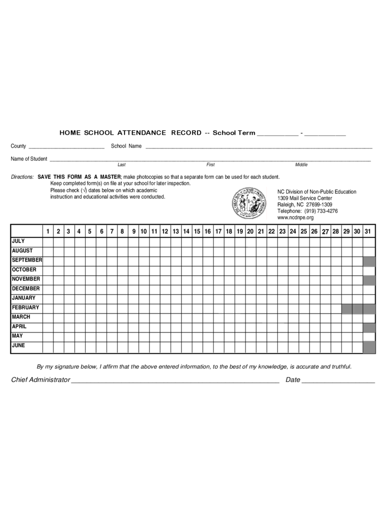 Home School Attendance Record Sheet