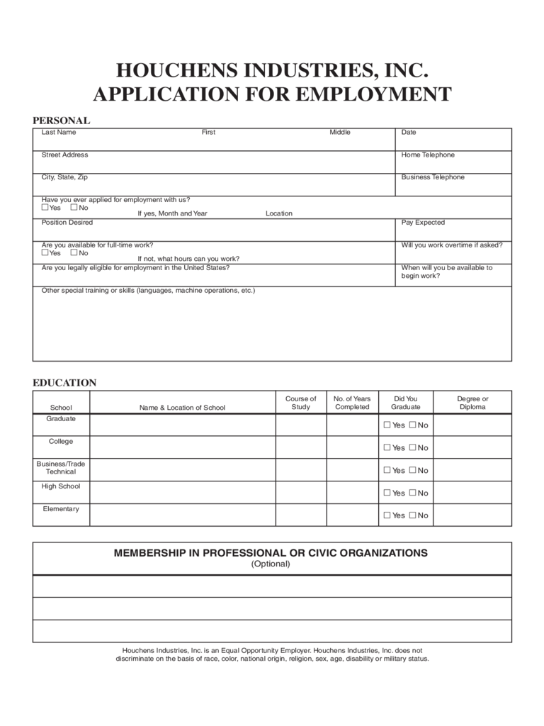Houchens Industries Application for Employment Form