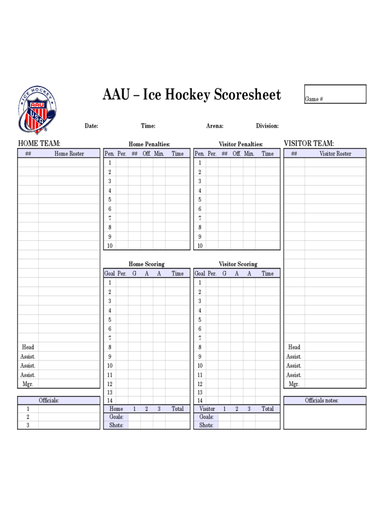 Ice Hockey Score Sheet - AAU