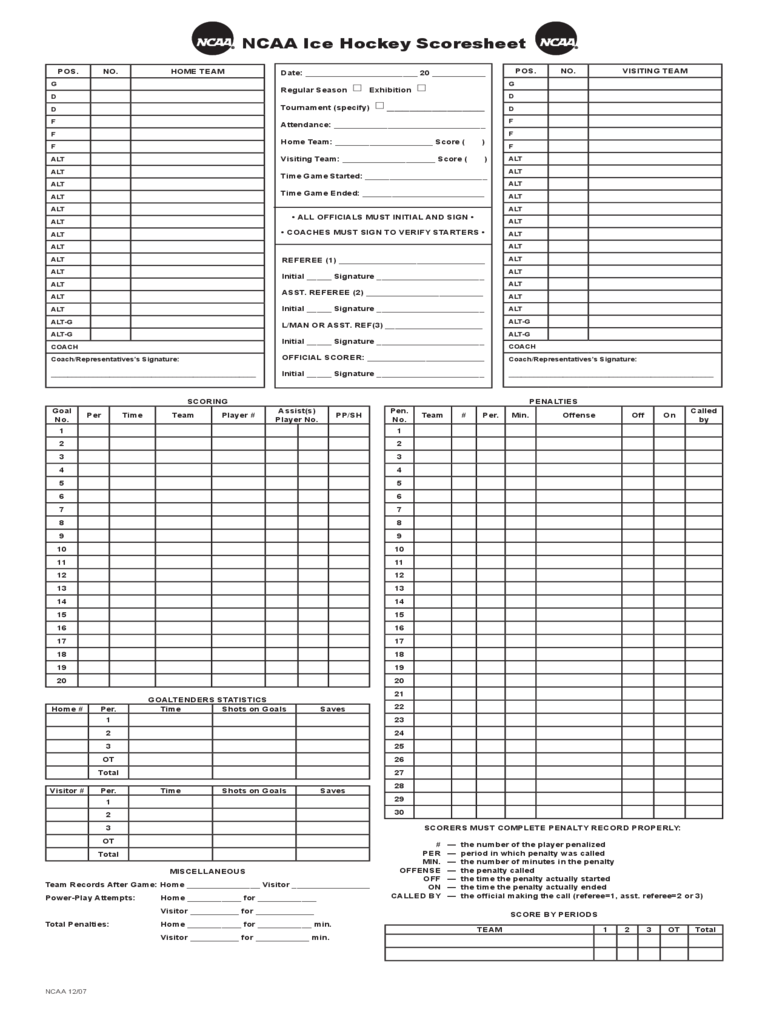 Ice Hockey Score Sheet - NCAA