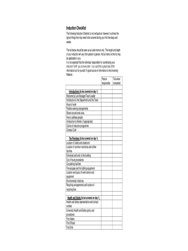 Induction Checklist Sample