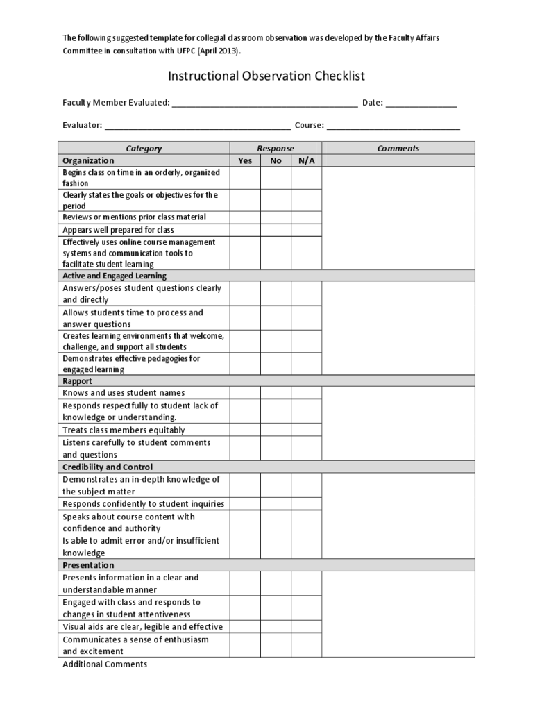 Lesson Plan Template For Teacher Observation Observation Checklist ...