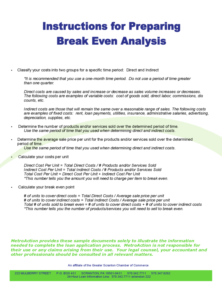 Instructions for Preparing Break Even Analysis