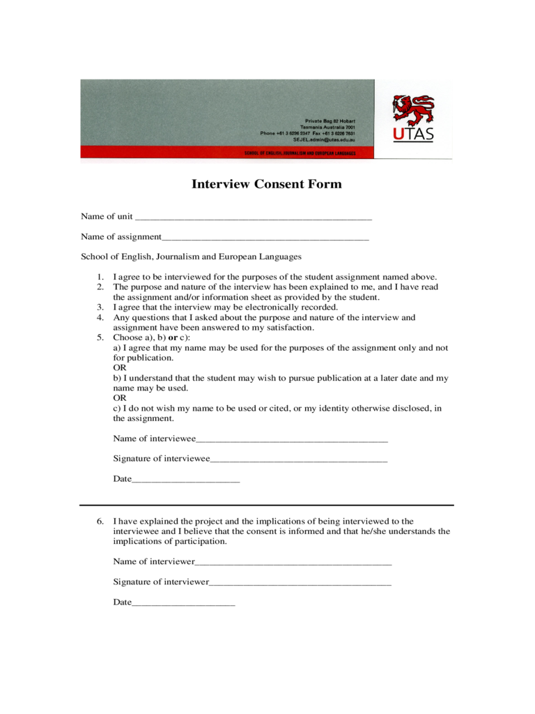 Printable Consent Form For Research Interview Printable Forms Free Online