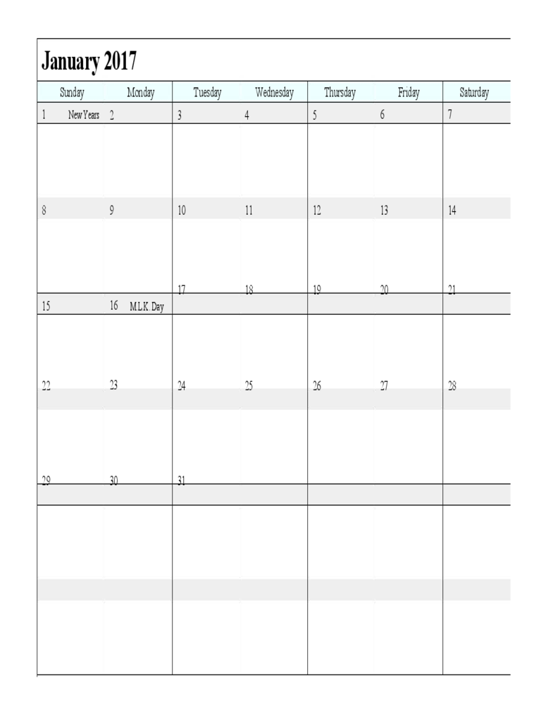 January 2017 Calendar Sample