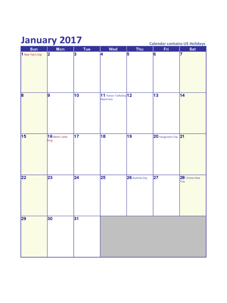January 2017 US Calendar with Holidays