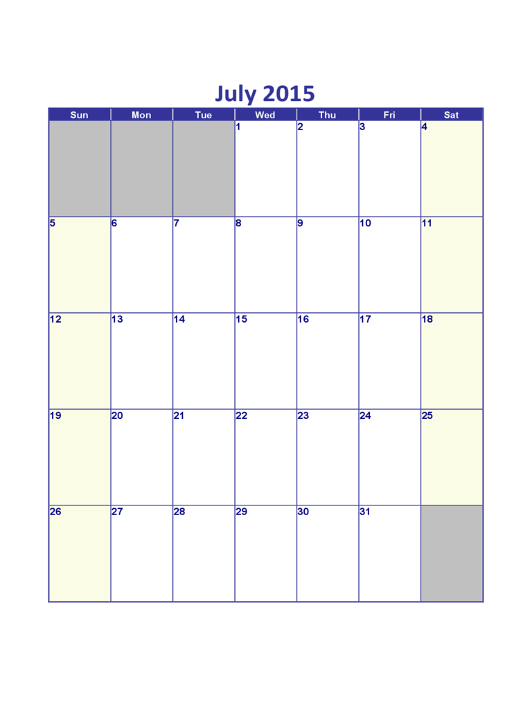 July 2015 Calendar Sample