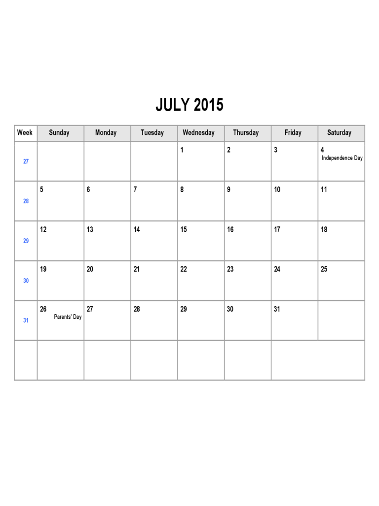 July 2015 Calendar Sample Template