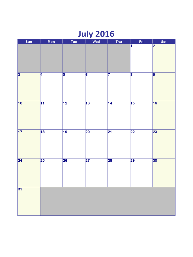 July 2016 Calendar