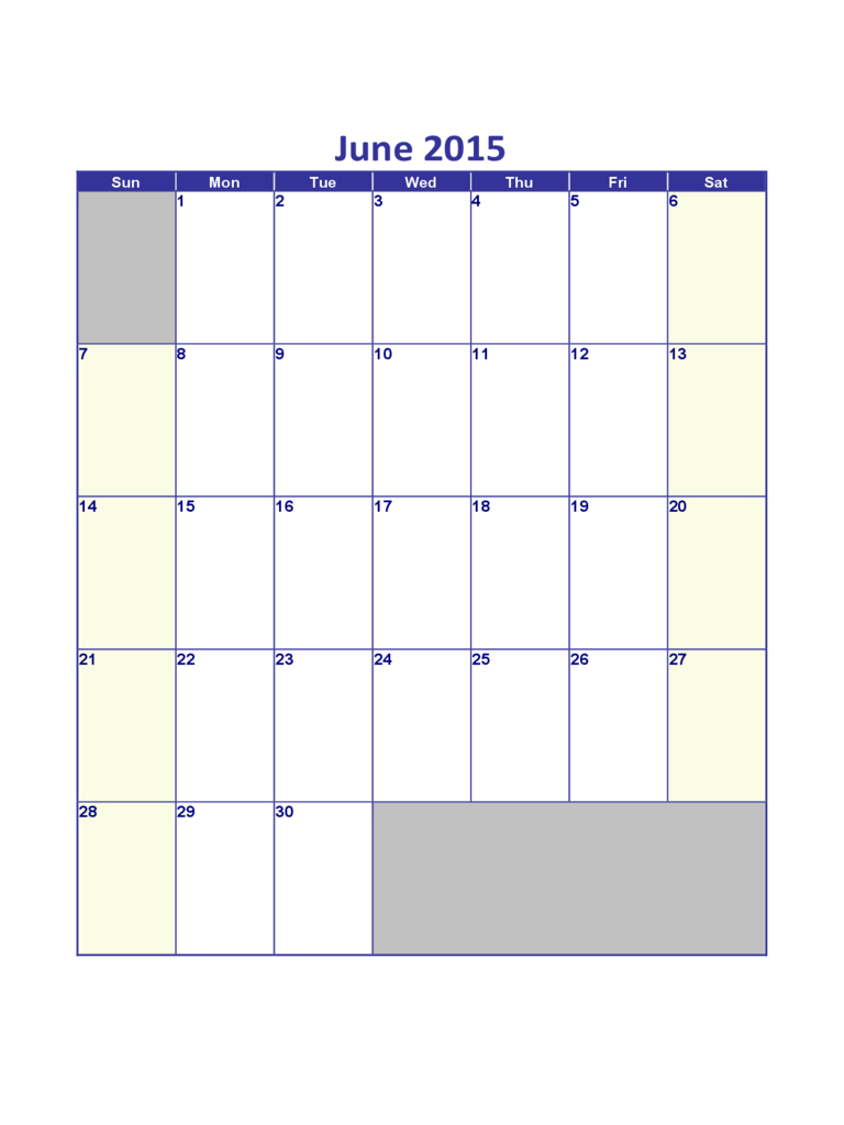 June 2015 Calendar Sample Template