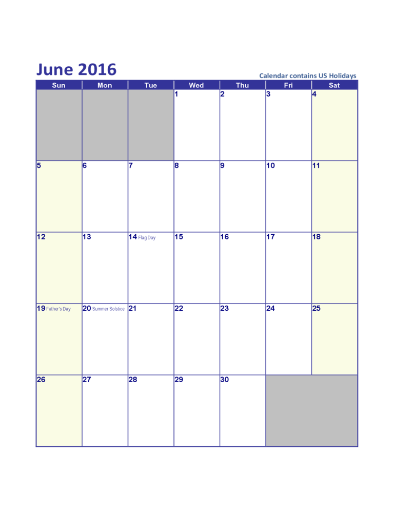 June 2016 US Calendar with Holidays