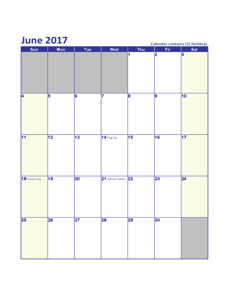 June 2017 US Calendar with Holidays