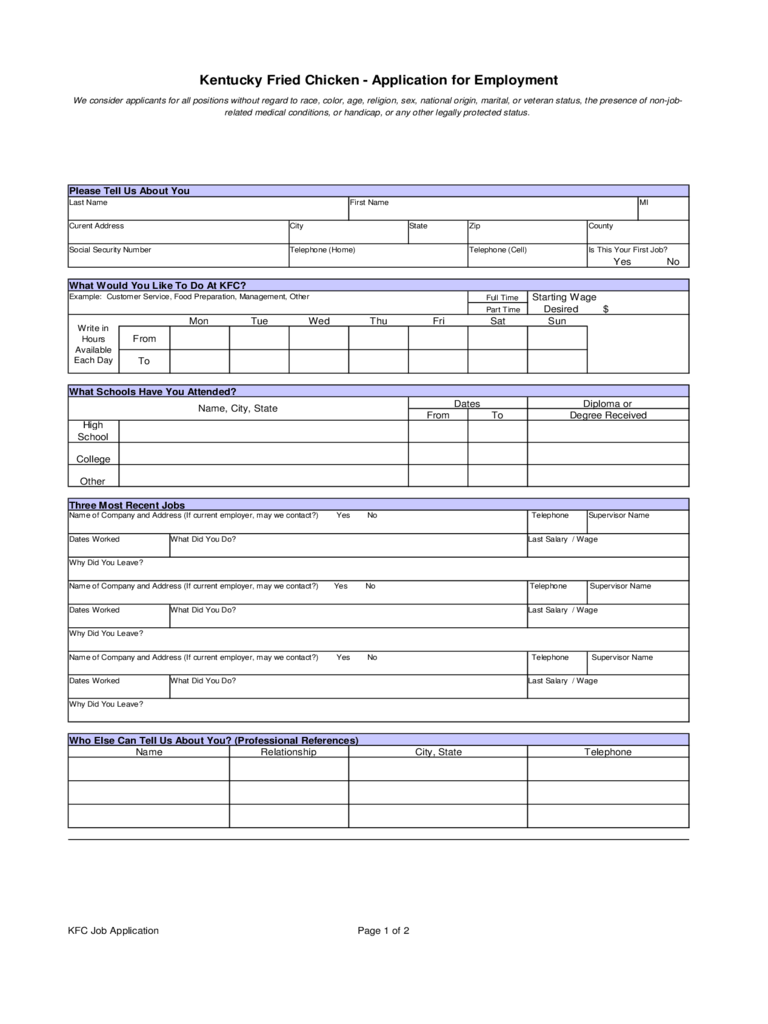 Kentucky Fried Chicken Application for Employment