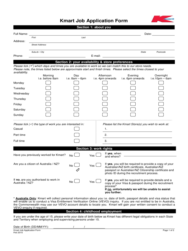 Kmart Australia Job Application Form
