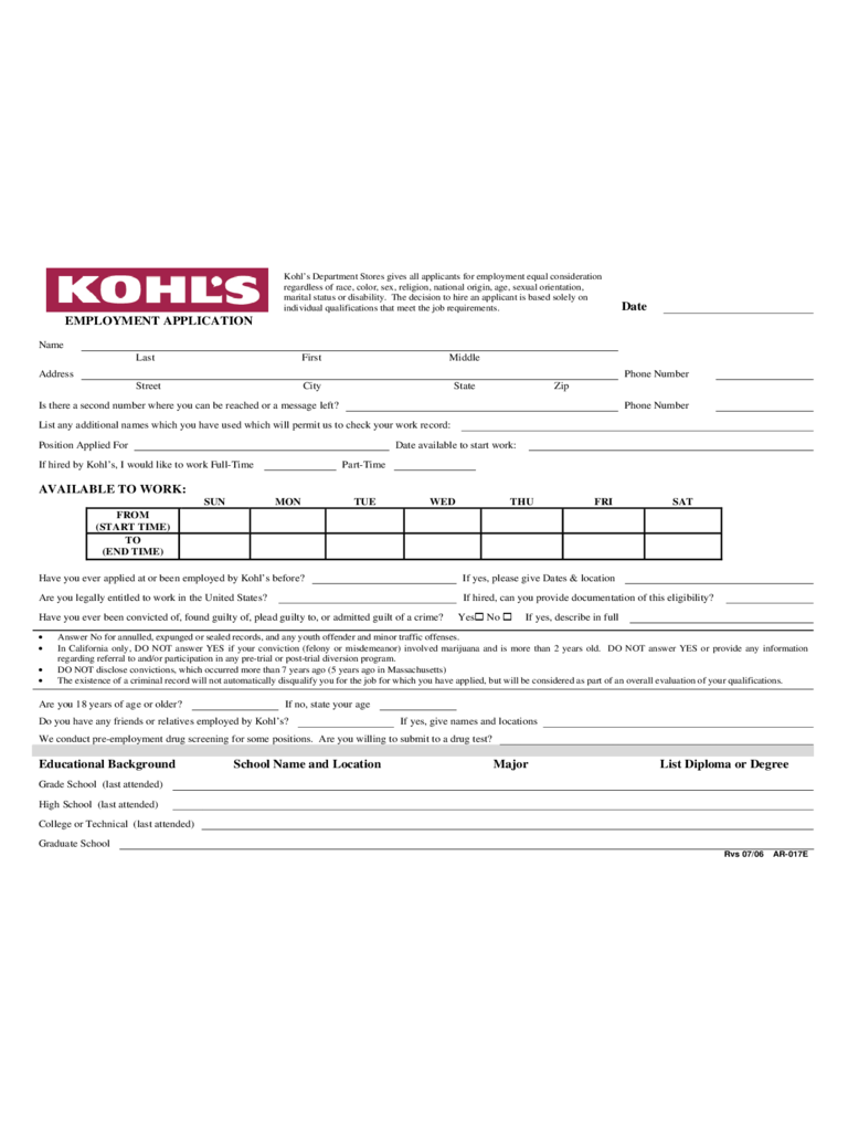 Kohl's Employment Application Form