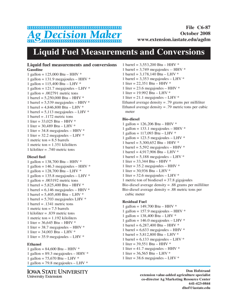 Liquid Fuel Measurements and Conversions Chart