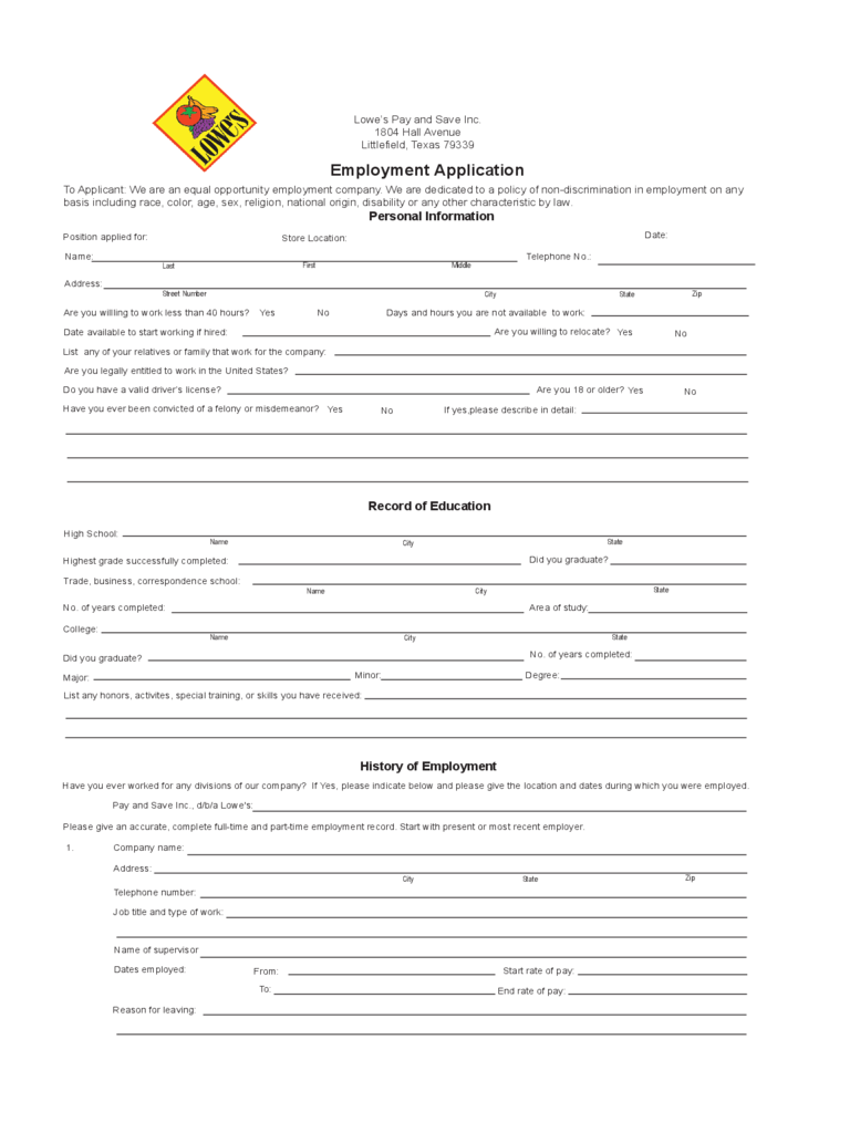Lowe's Employment Application Form