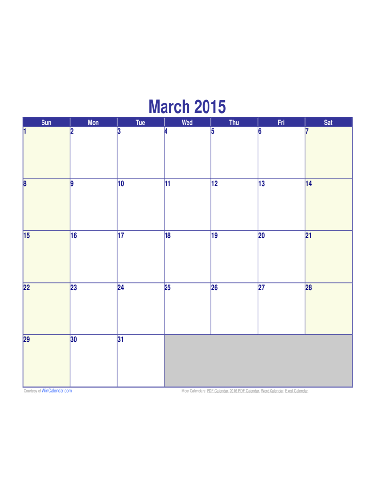 March 2015 Calendar Sample