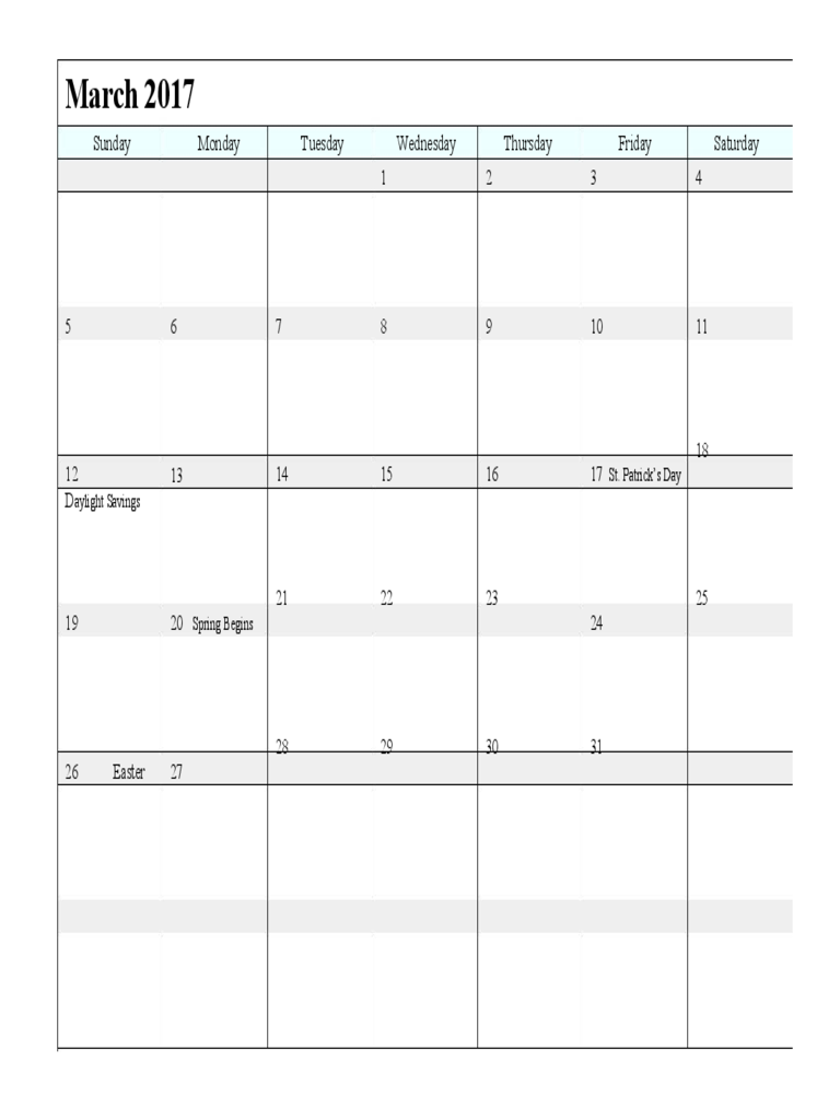 March 2017 Calendar Sample