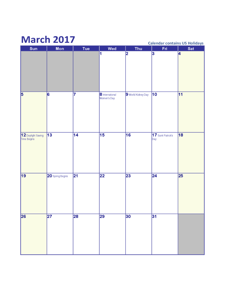 March 2017 US Calendar with Holidays