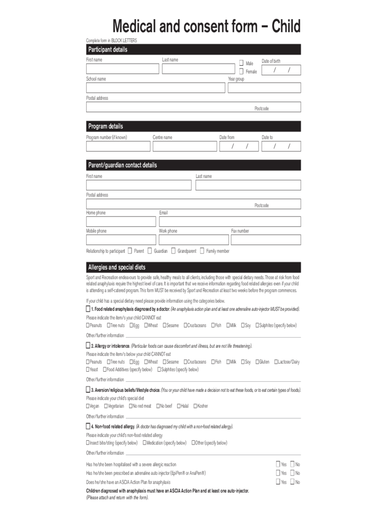 Medical and Consent Form - Child