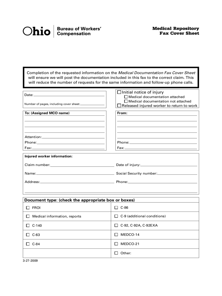 Medical Repository Fax Cover Sheet - Ohio