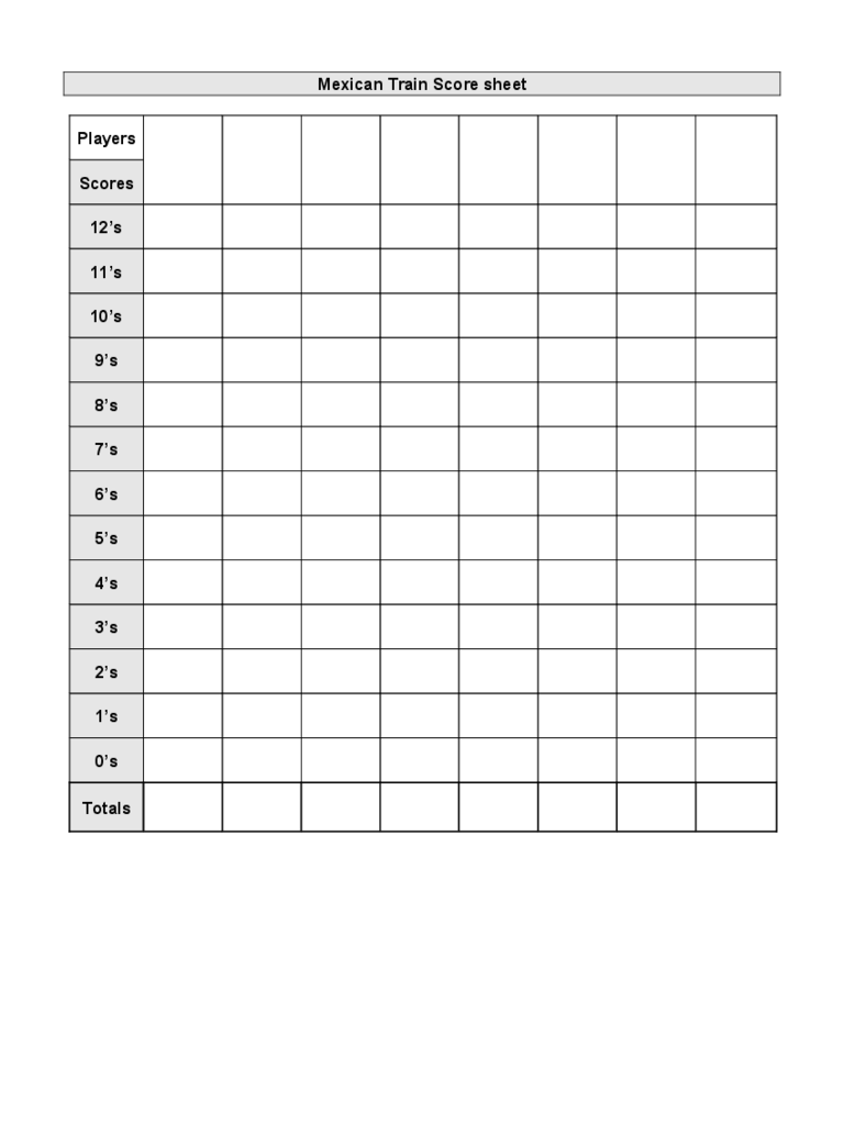 Mexican Train Score sheet Example