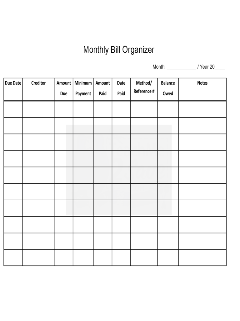 Monthly Bill Organizer Chart