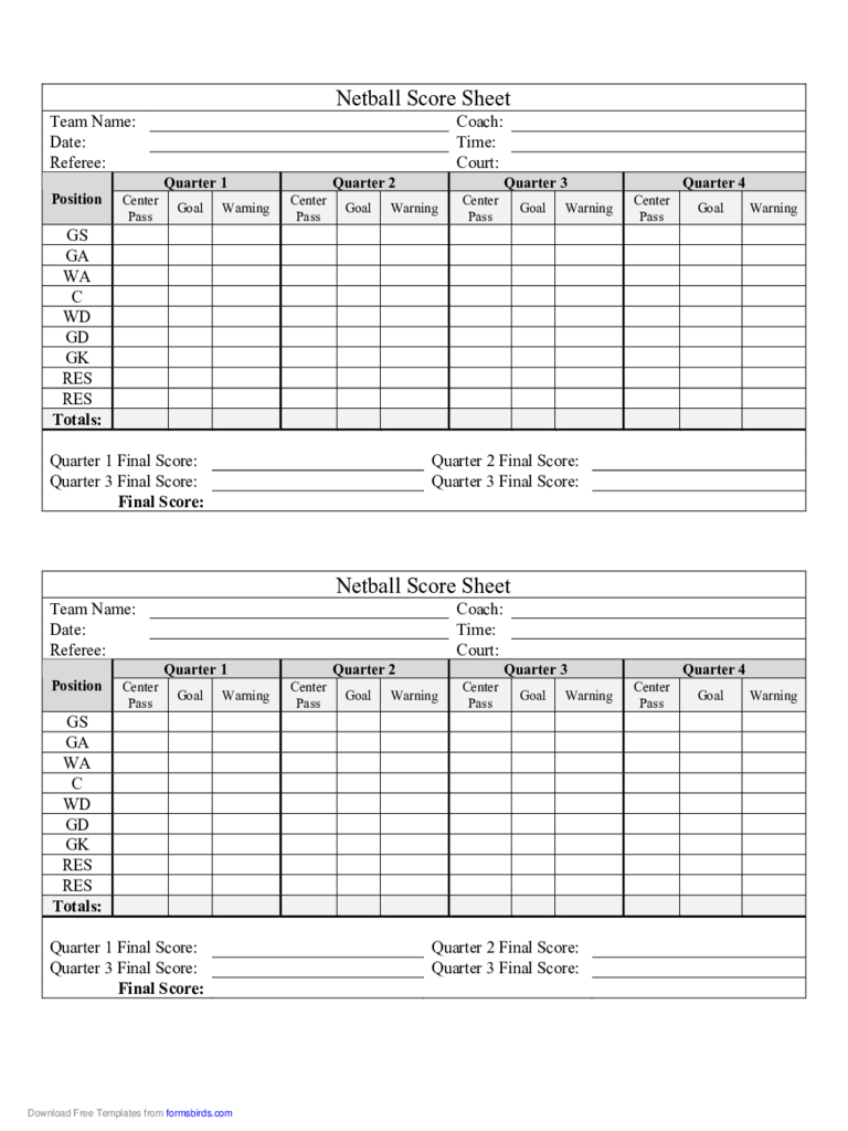 Netball Score Sheet