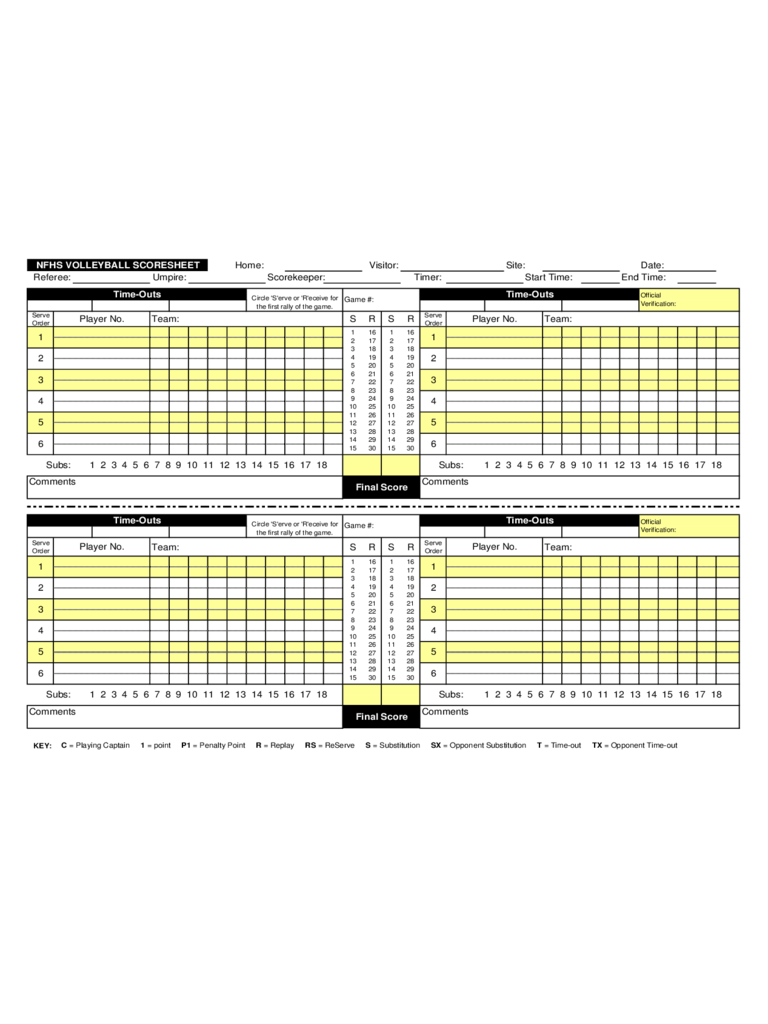 NFHS Volleyball Score Sheet