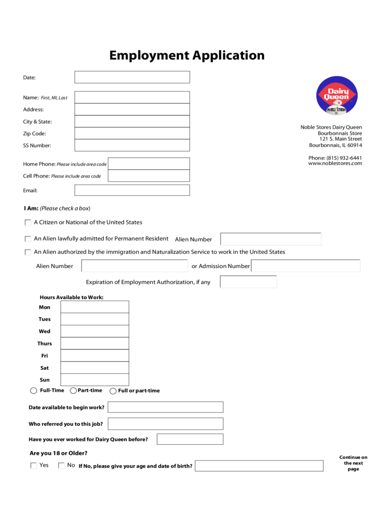 Noble Dairy Queen Stores Employment Application Form