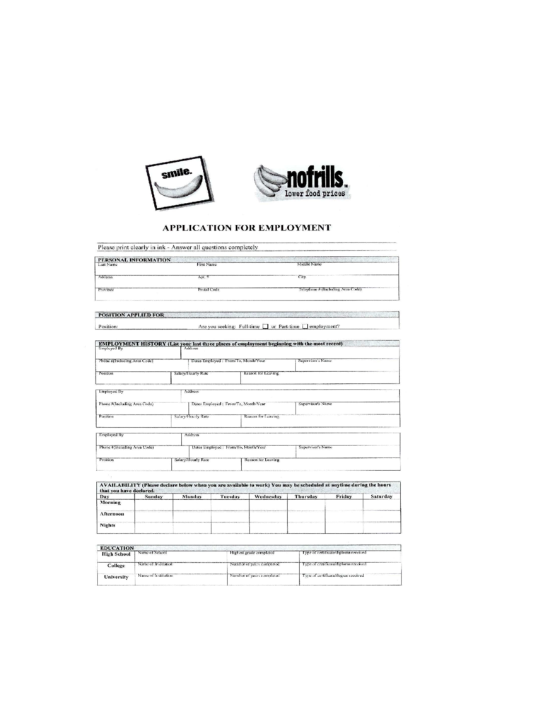 Nofrills Application for Employment Form