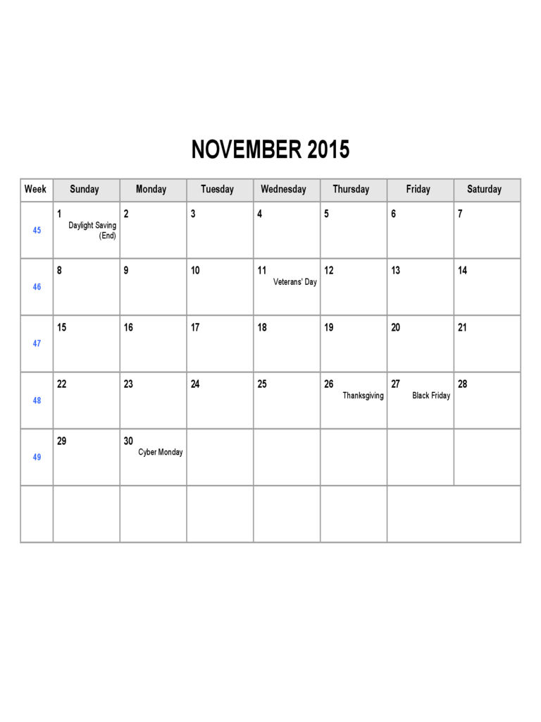 November 2015 Calendar Sample