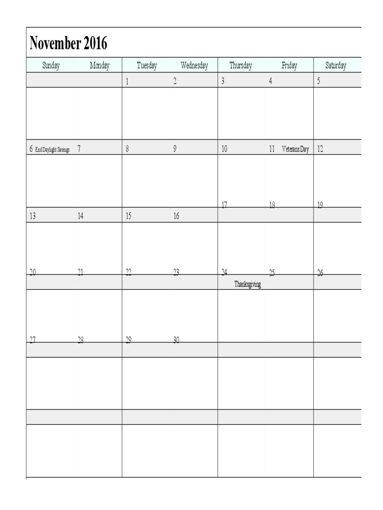 November 2016 Calendar Sample