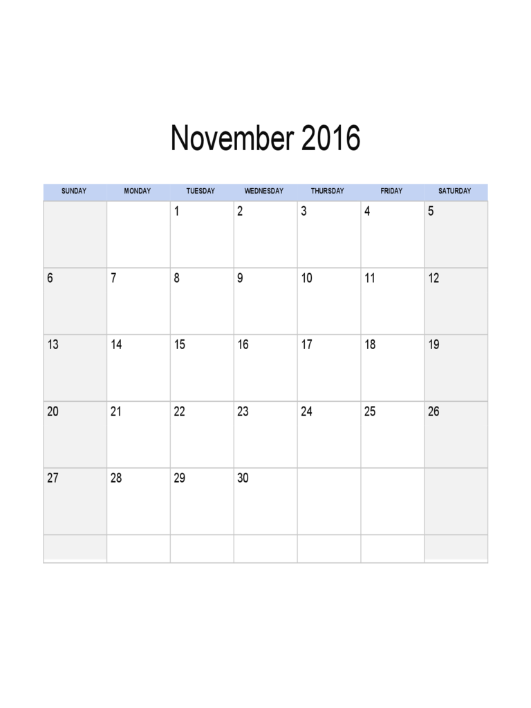 November 2016 Calendar Sample Template