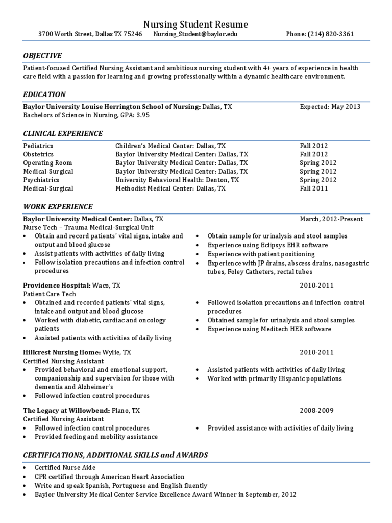 Nursing Student Resume - Baylor University