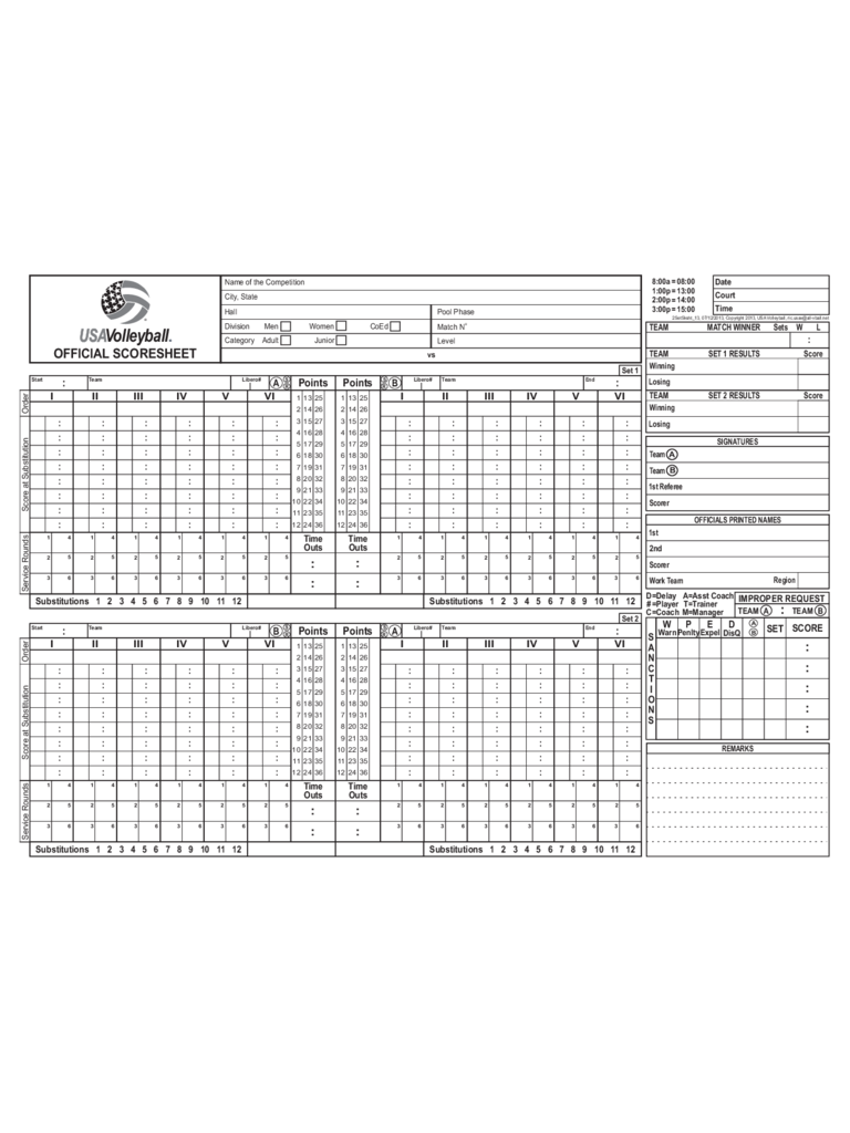 Official Volleyball Score Sheet - USA Volleyball