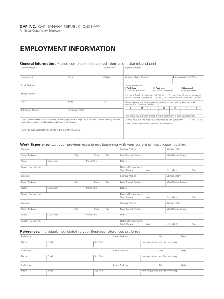 Old Navy Job Application Form