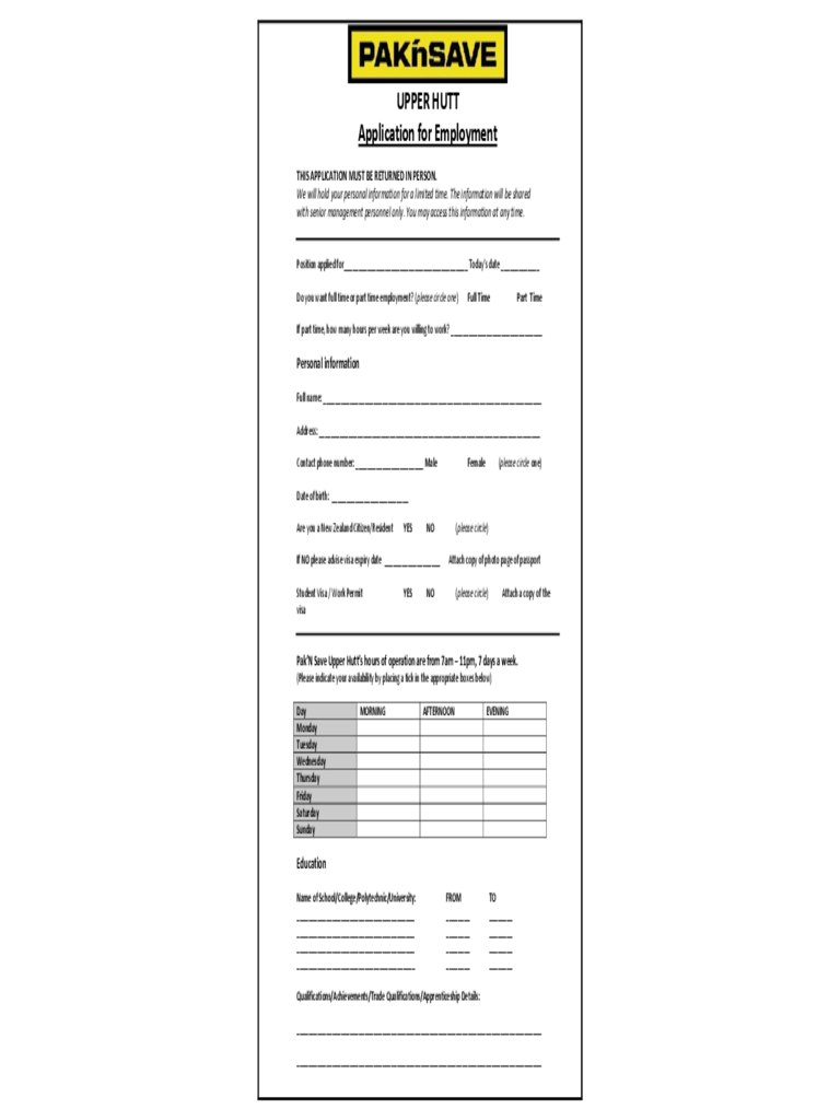 PAK'nSAVE Application for Employment Form