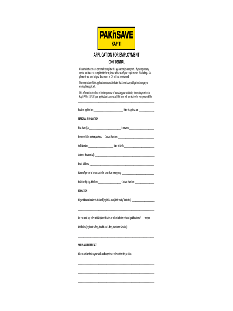 PAK'nSAVE Kapiti Application for Employment Form