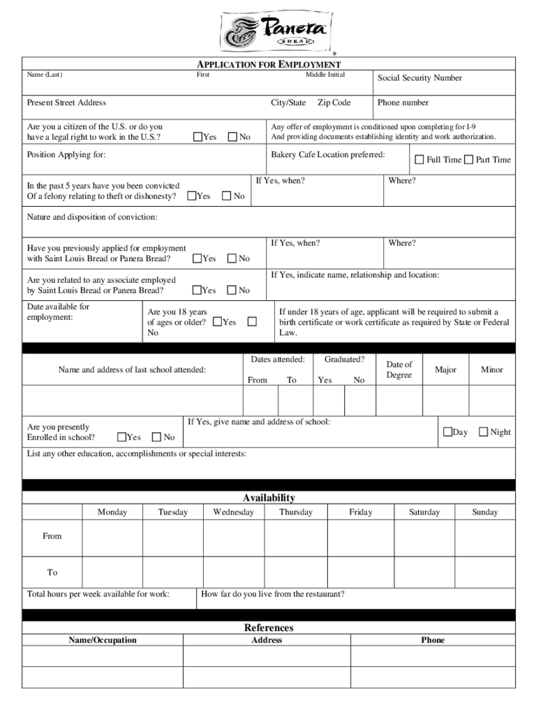 Panera Bread Application for Employment Form