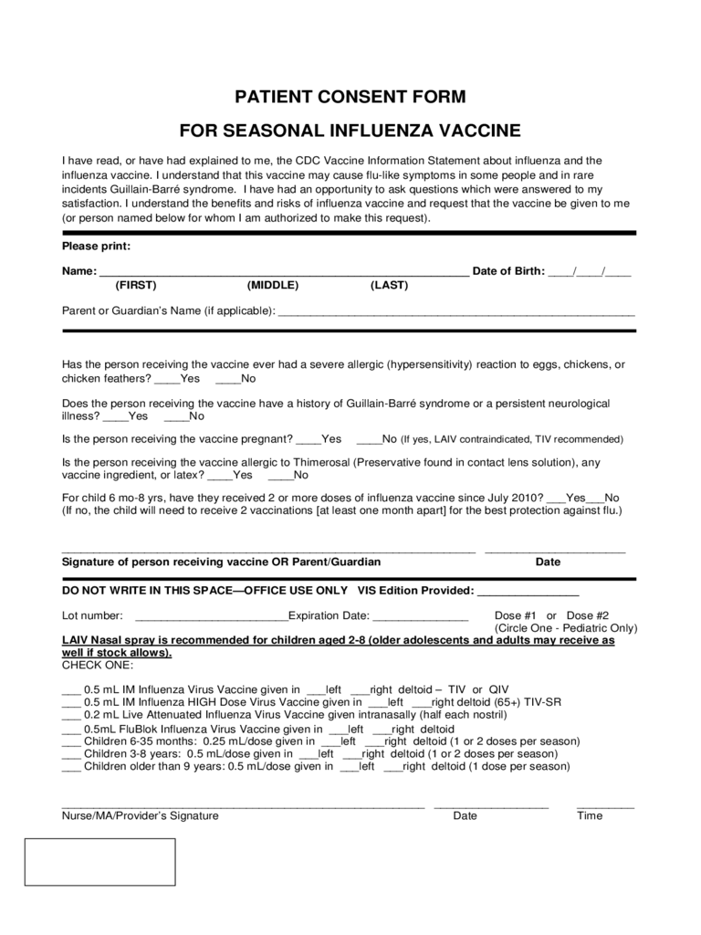 Patient Consent Form for Seasonal Influenza Vaccine