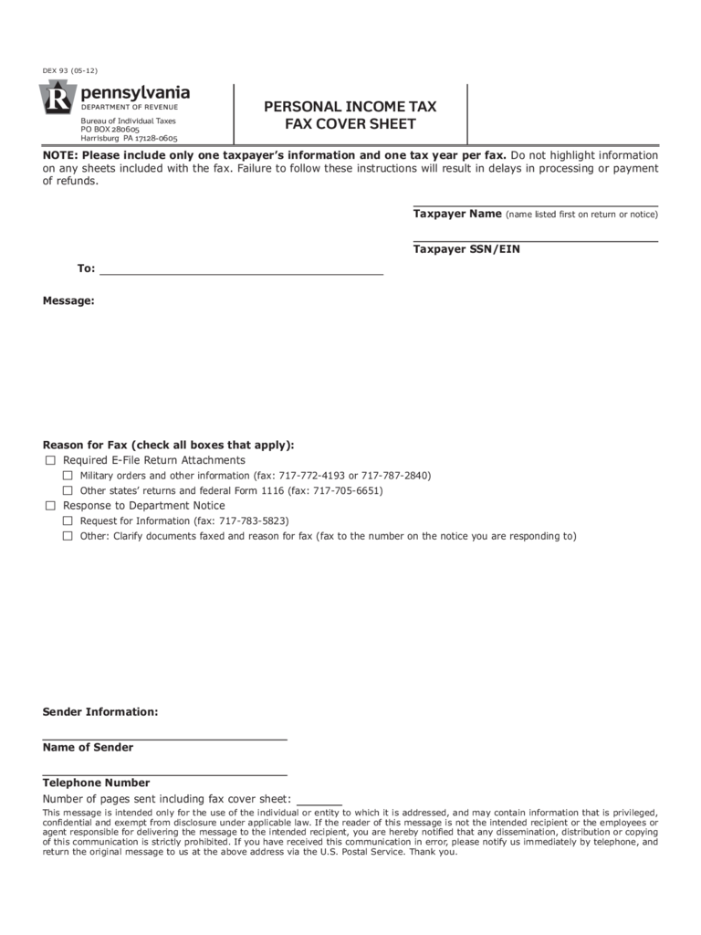 Personal Income Tax Fax Cover Sheet